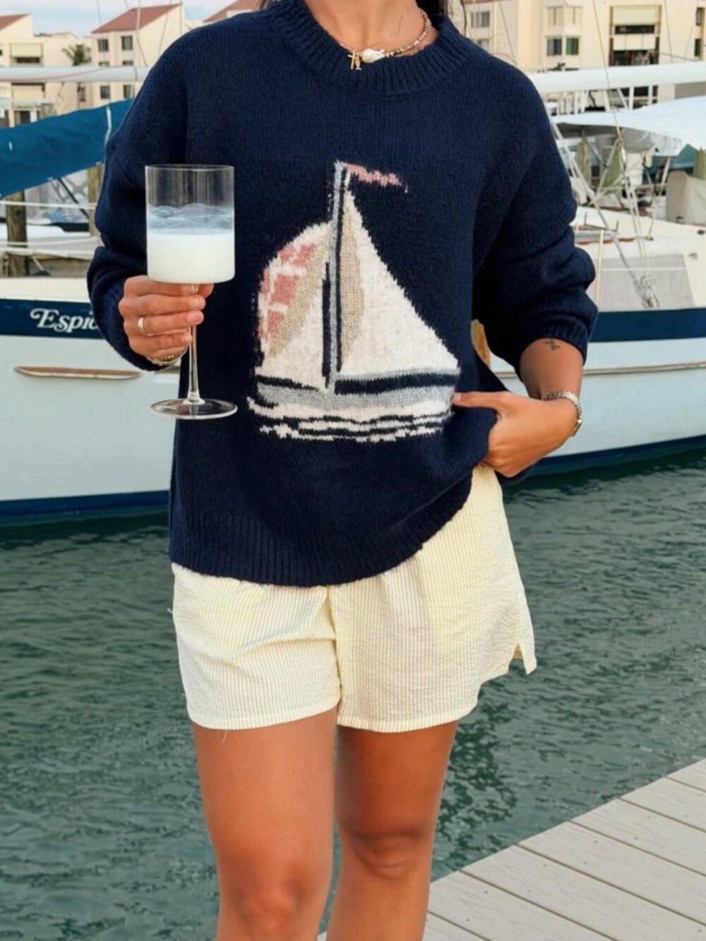 Navy Blue Casual Women's Loose Drop Shoulder Round Neck Rib-Knit Pullovers